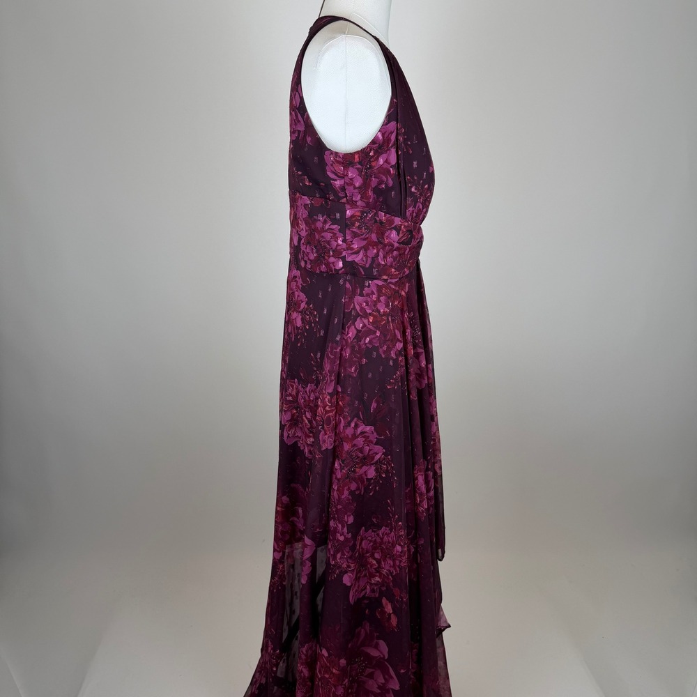 NWD R&M Richards Plum Rose Floral Halter Keyhole Chiffon Gown Maxi Dress Size 16 - Picture 4 of 16